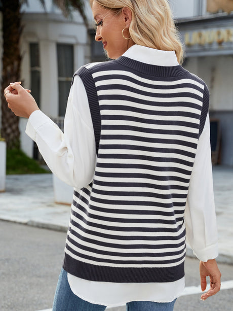 Slit V-Neck Striped Sweater Vest | Hanalas