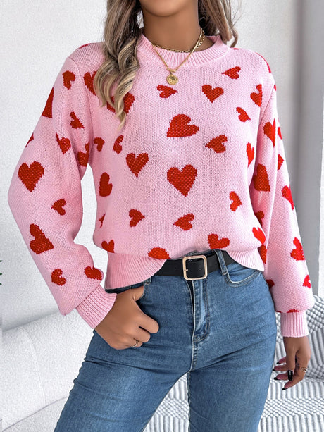 Heart Round Neck Long Sleeve Sweater | Hanalas