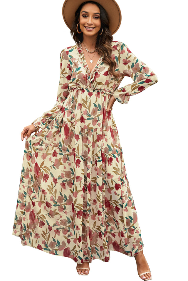 Multicolor Wild Lotus Ruffle Tiered Maxi Dress Hanalas Hanalas