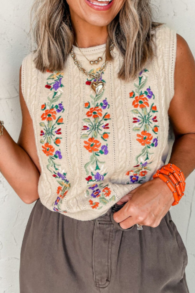 Embroidered Cable-Knit Round Neck Sweater Vest | Hanalas