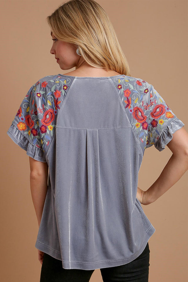 Umgee Velvet Embroidery Short Sleeve Blouse | Hanalas