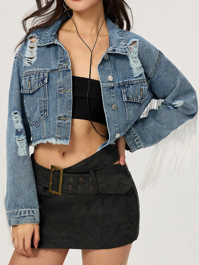 Distressed Fringe Collared Neck Cropped Denim Top | Hanalas