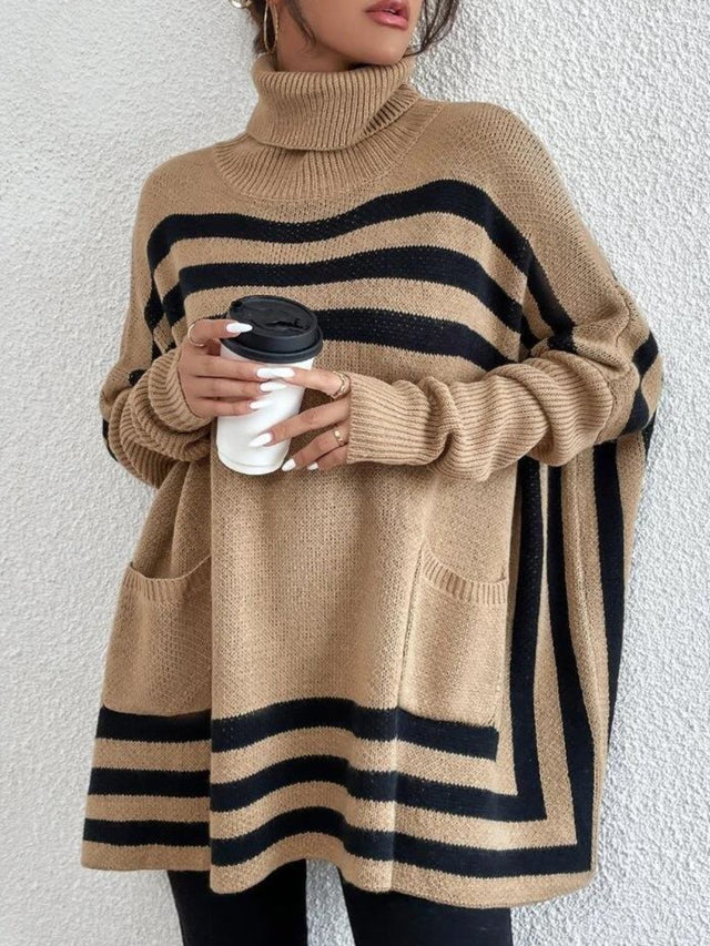 Striped Turtleneck Batwing Sleeve Sweater with Pockets | Hanalas