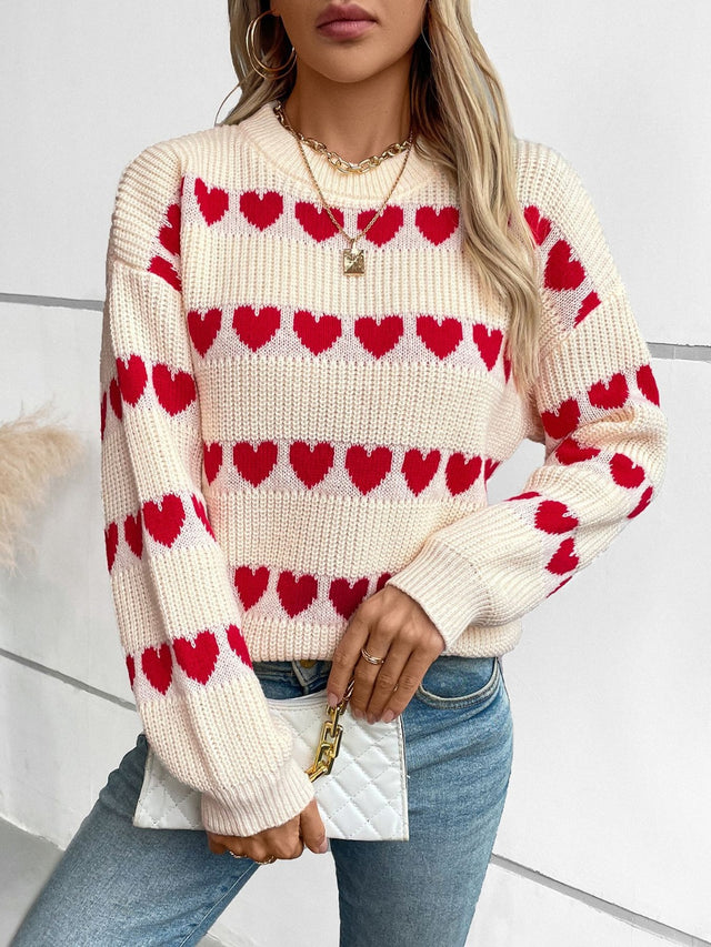 Heart Round Neck Dropped Shoulder Sweater | Hanalas