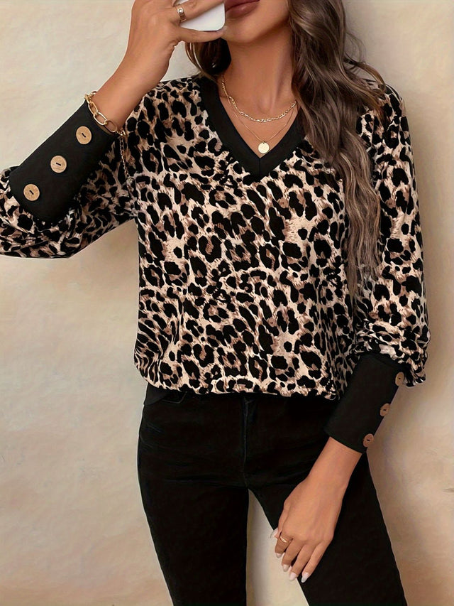 Decorative Button Leopard V-Neck Long Sleeve T-Shirt | Hanalas