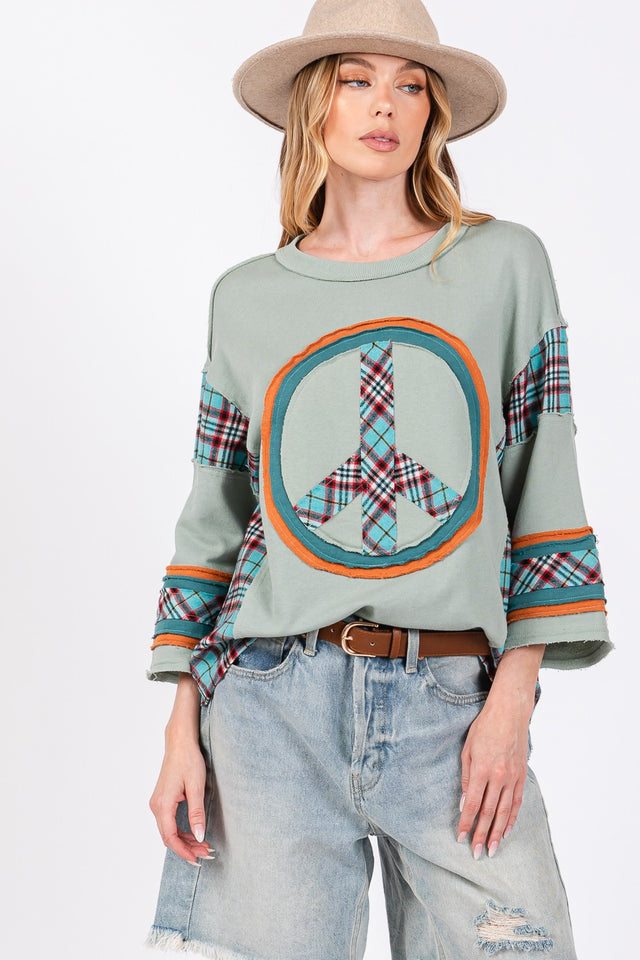 SAGE + FIG Peace Applique Patch Contrast Plaid Top Trendsi Hanalas