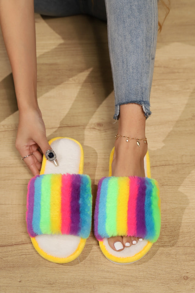 Color Block Open Toe Faux Fur PVC Slippers | Hanalas