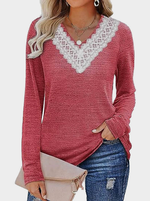 Lace Detail V-Neck Long Sleeve T-Shirt | Hanalas