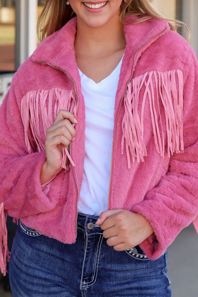 Fringed Zip Up Fleece Jacket | Hanalas