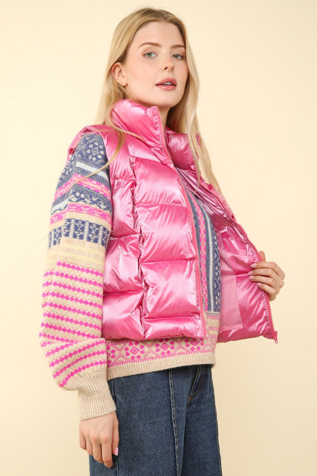 VERY J Shiny Metallic Zip Up Puffer Vest | Hanalas