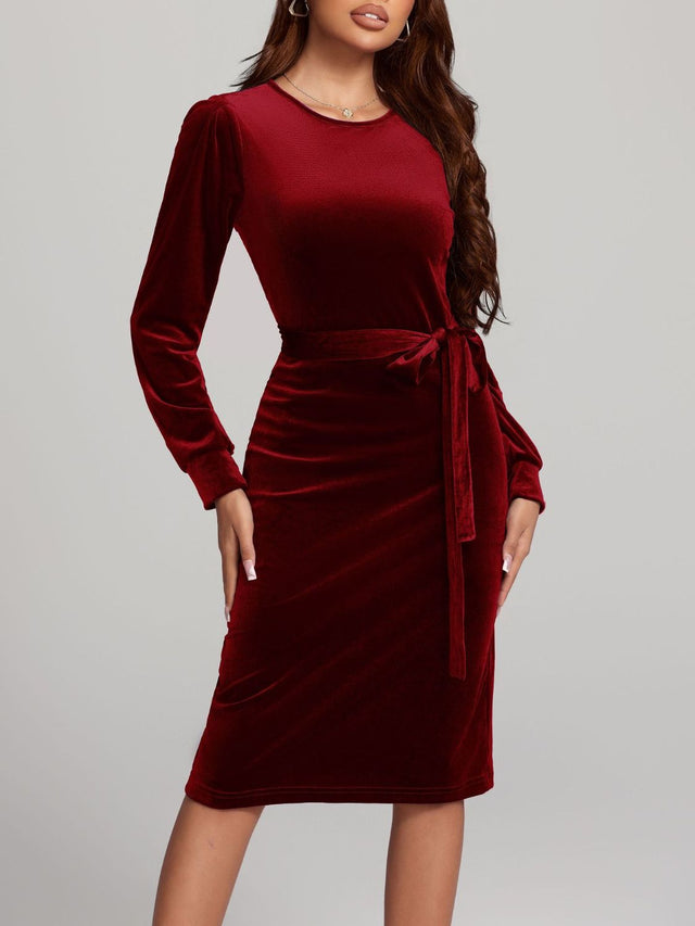 Round Neck Tie Waist Long Sleeve Velvet Dress | Hanalas