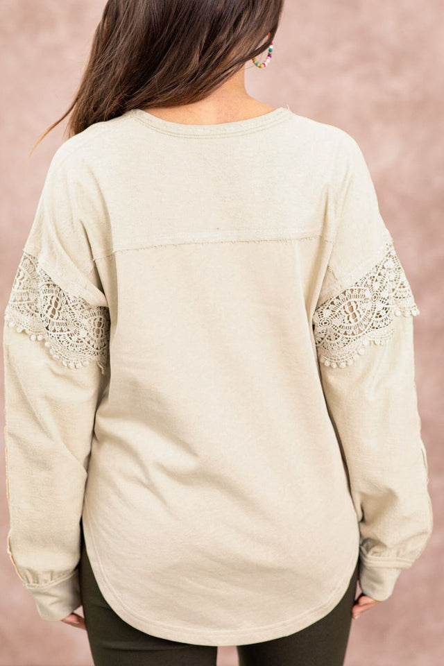 Notched Crochet Long Sleeve Sweatshirt | Hanalas