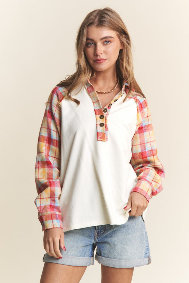 J.NNA Plaid Contrast Button Down Henley Top | Hanalas