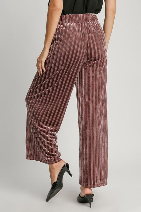 Umgee Full Size Elastic Waist Striped Wide Leg Velvet Pants | Hanalas