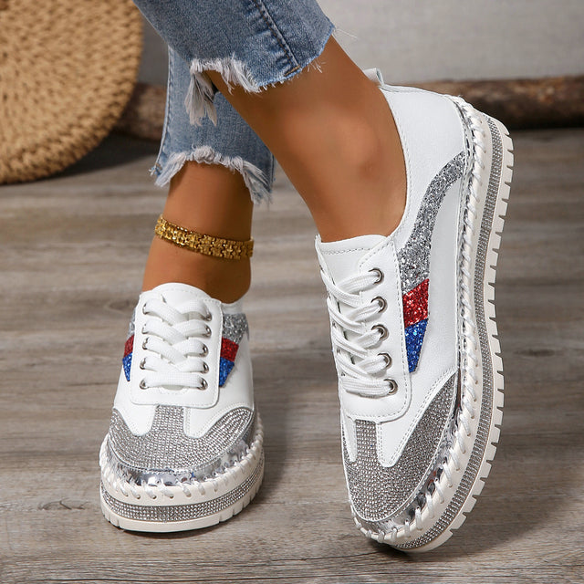 Rhinestone Lace Up Round Toe Platform Sneakers | Hanalas