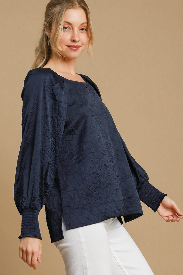 Umgee Wrinkled Round Neck Lantern Sleeve Blouse | Hanalas