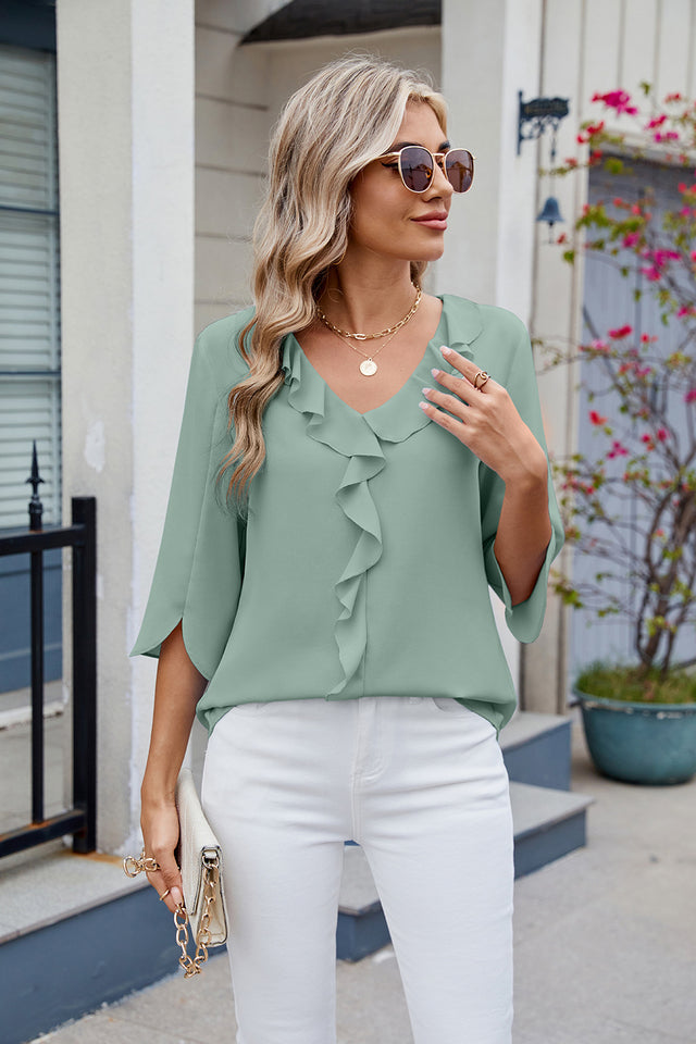 Ruffled V-Neck Three-Quarter Sleeve Blouse | Hanalas