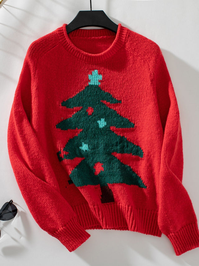 Christmas Tree Round Neck Raglan Sleeve Sweater | Hanalas