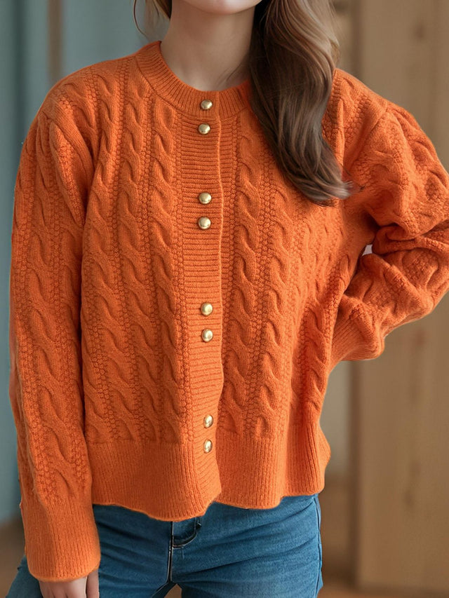 Cable-Knit Round Neck Long Sleeve Cardigan Trendsi Hanalas