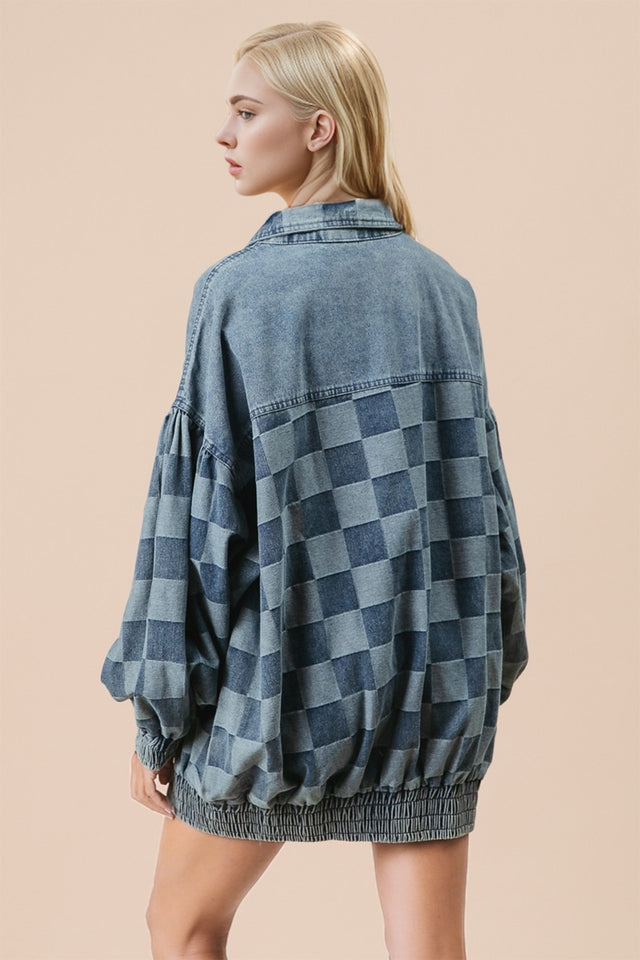 Double Take Checkered Button Up Denim Jacket Trendsi Hanalas