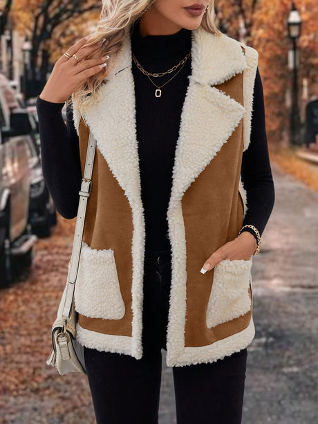 Full Size Contrast Open Front Sherpa Vest Coat | Hanalas