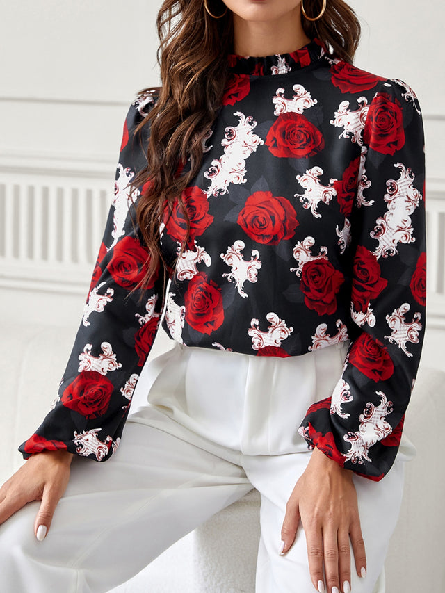 Frill Floral Mock Neck Long Sleeve Top | Hanalas