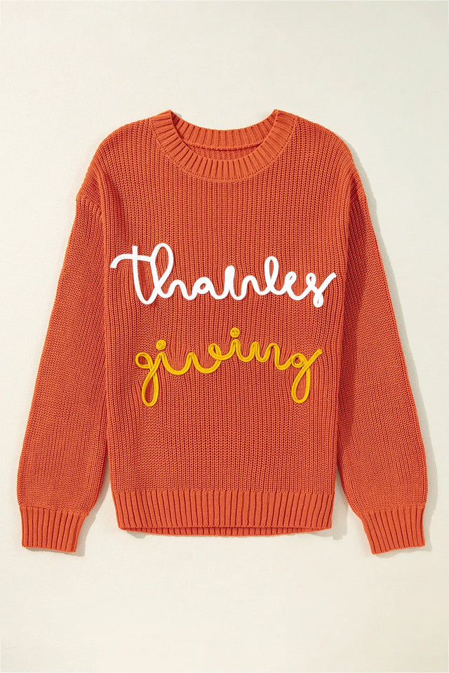 THANKSGIVING Round Neck Long Sleeve Sweater Trendsi Hanalas