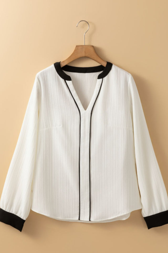 Contrast Notched Long Sleeve Blouse | Hanalas