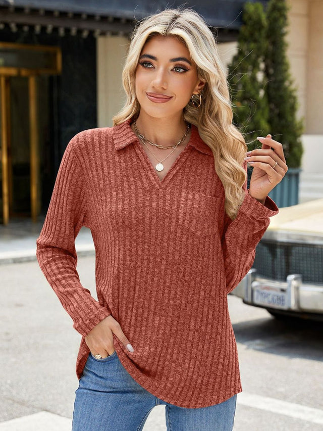 Ribbed Johnny Collar Long Sleeve T-Shirt | Hanalas