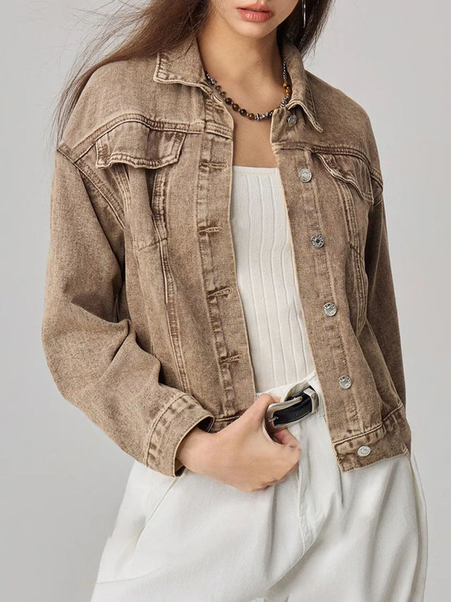 Pocketed Collared Neck Denim Jacket | Hanalas