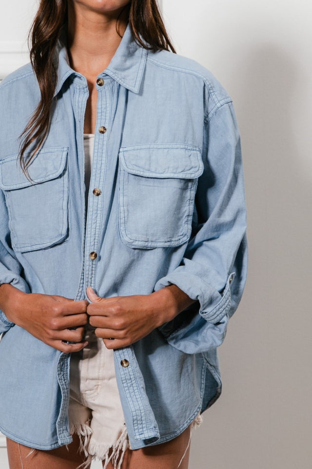 BiBi Button Down Stitch Detail Shirt with Chest Pockets | Hanalas