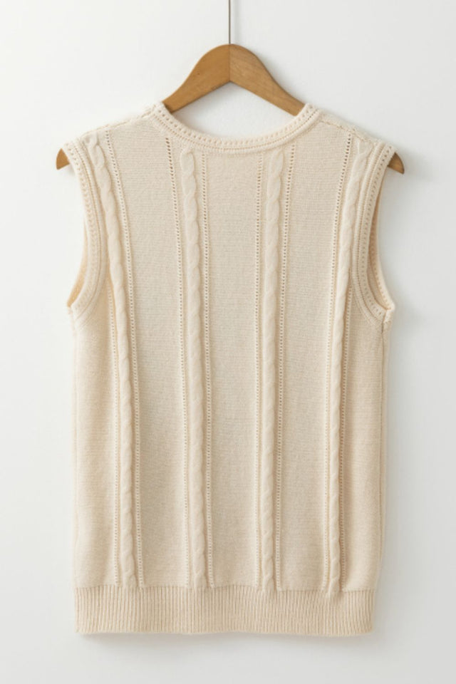 Embroidered Cable-Knit Round Neck Sweater Vest | Hanalas