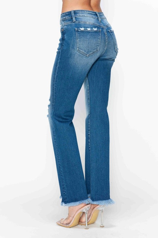 bytos Full Size Raw Hem Distressed Mid Rise Straight Jeans | Hanalas