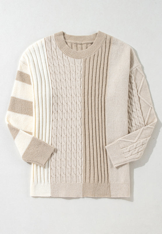 Cable-Knit Color Block Round Neck Sweater Trendsi Hanalas