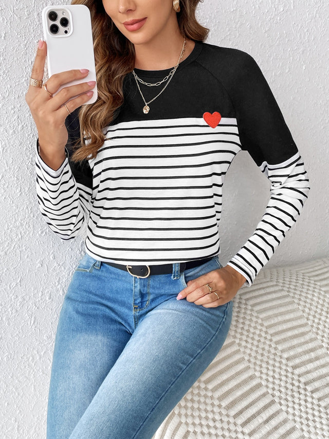 Striped Contrast Round Neck Long Sleeve T-Shirt | Hanalas