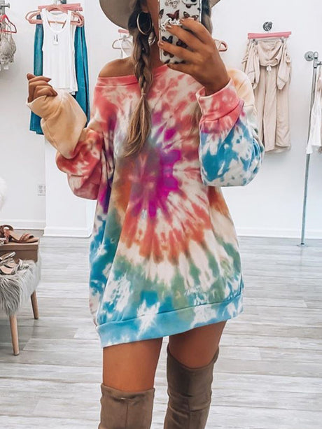 Full Size Tie-Dye Round Neck Long Sleeve Dress | Hanalas