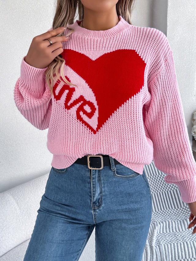 LOVE Heart Round Neck Dropped Shoulder Sweater | Hanalas