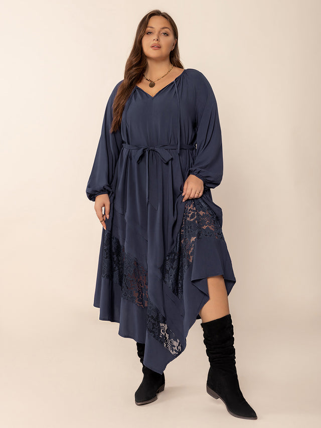 Plus Size Lace Detail Tie Neck Long Sleeve Midi Dress Trendsi Hanalas