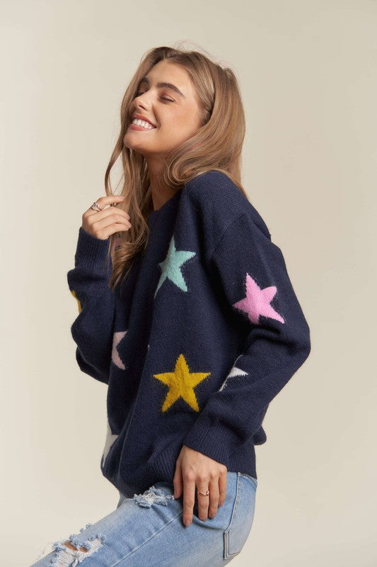 ADORA Stars Pattern Round Neck Drop Shoulder Sweater | Hanalas