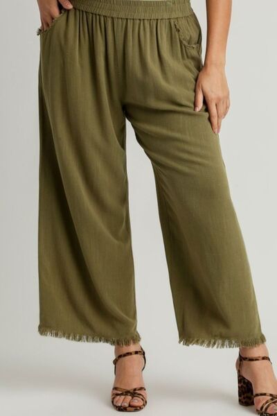 Umgee Full Size Linen Blend Elastic Waistband Wide Leg Pants Plus Size | Hanalas
