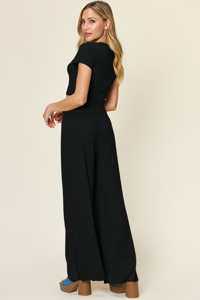 Double Take Full Size Round Neck Top and Pants Set | Hanalas