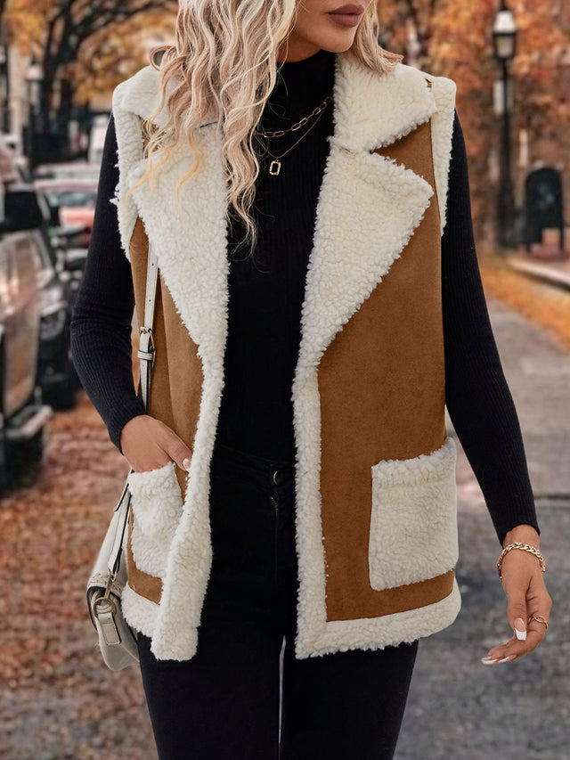 Full Size Contrast Open Front Sherpa Vest Coat | Hanalas