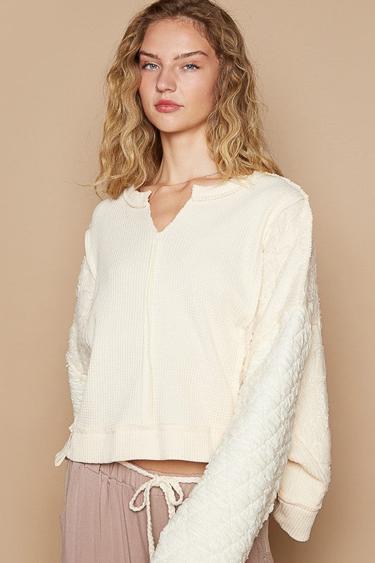 POL Waffle-Knit Notched Long Sleeve Knit Top | Hanalas