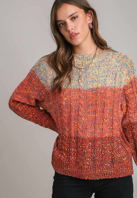 Cable-Knit Color Block Round Neck Long Sleeve Sweater Trendsi Hanalas