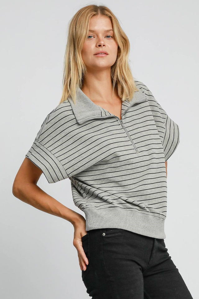 Umgee Striped Half Zip Short Sleeve Sweatshirt | Hanalas