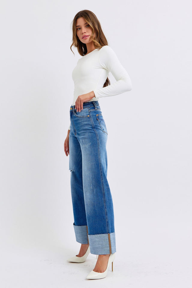 Judy Blue Full Size Distressed High Waist Wide Leg Jeans | Hanalas