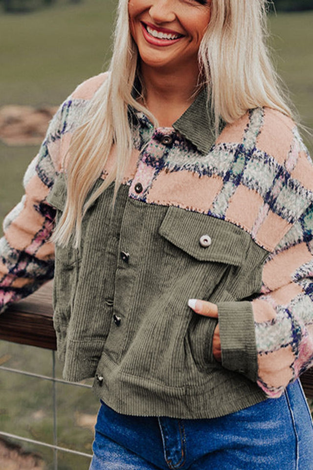 Plaid Corduroy Flap Pockets Button Up Jacket | Hanalas