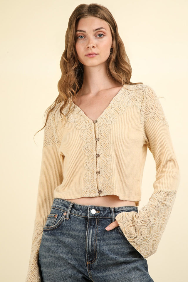 VERY J V-Neck Lace Detail Button Down Crop Ribbed Knit Top | Hanalas