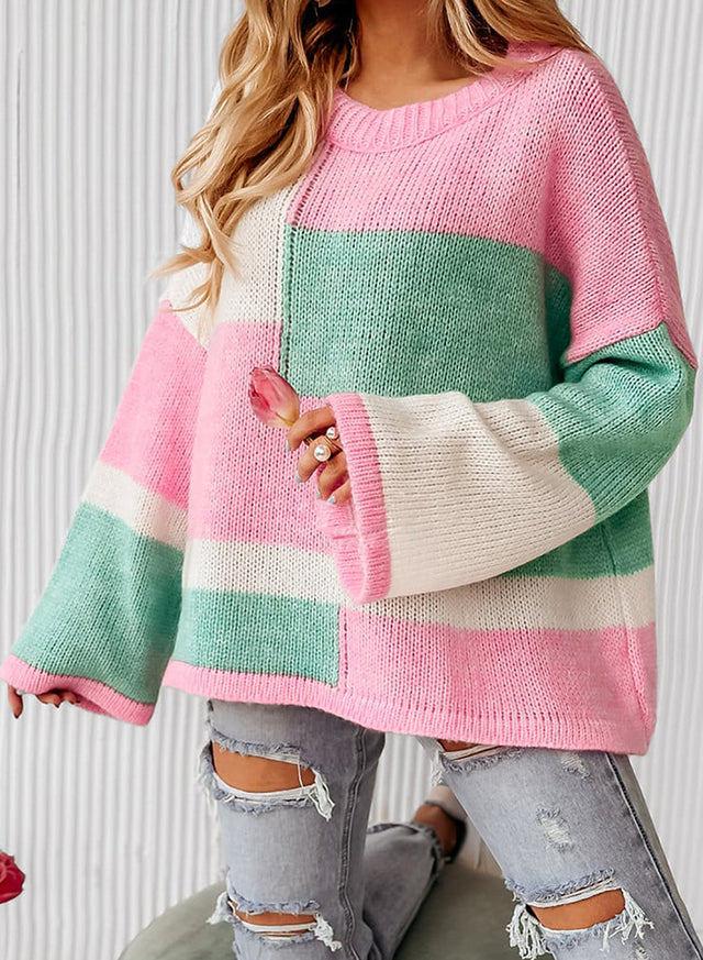 Color Block Round Neck Drop Shoulder Sweater | Hanalas