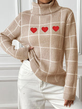 Heart Plaid Turtleneck Long Sleeve Sweater